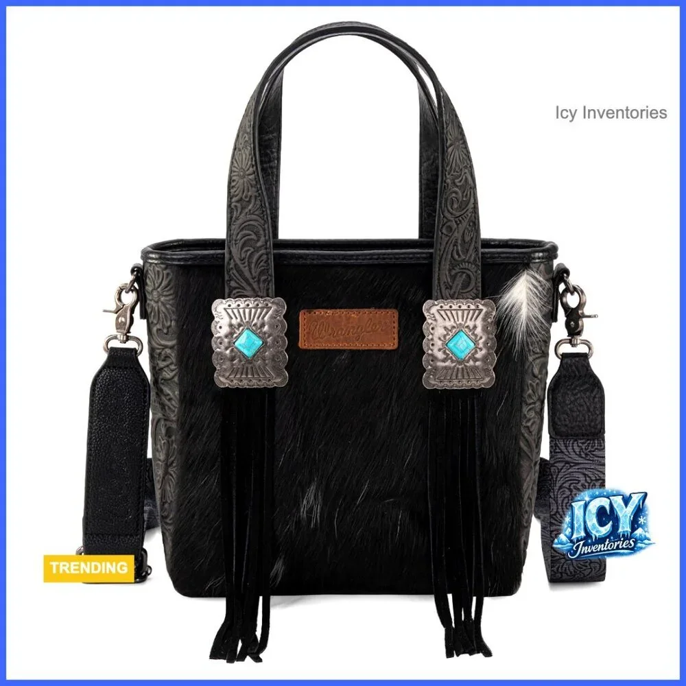 Genuine Hair-On Cowhide Tote Bag with Turquoise Stone Concho